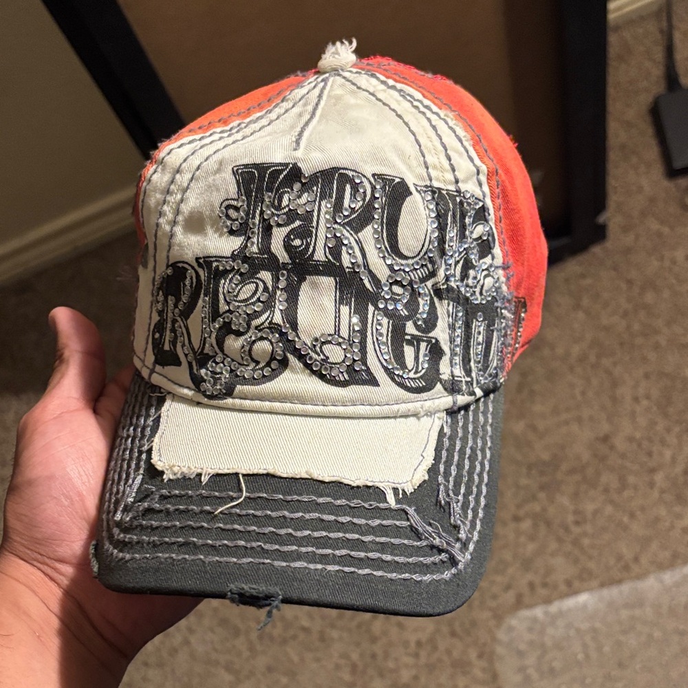 True Religion Orange and Cream Distressed Hat